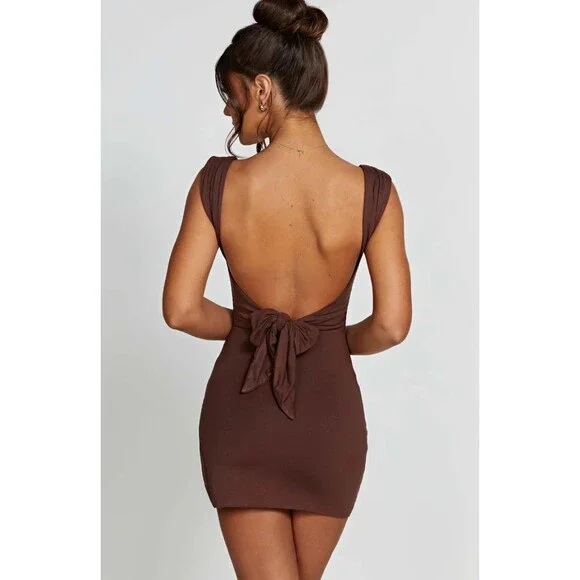 Babyboo NWT Ria Mini Dress Chocolate Brown Size Small Bow Tie Back - Picture 2 of 8